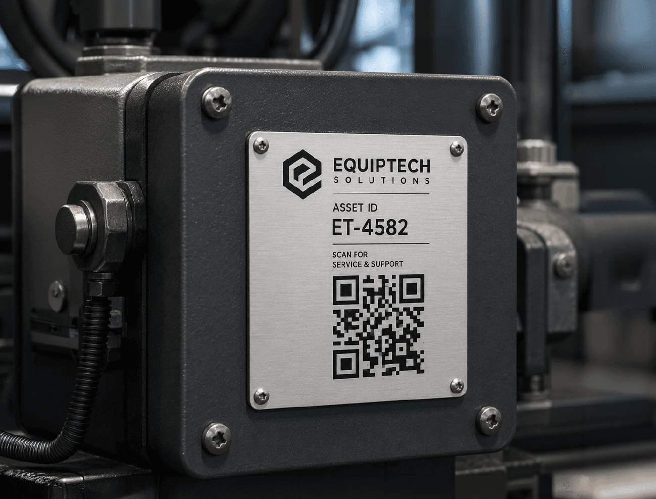 A metal asset plate on industrial equipment with a service QR code