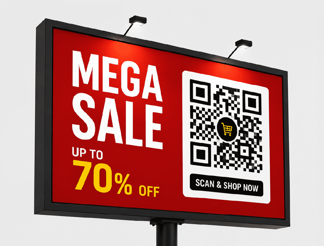 A roadside billboard advertising a sale with a scan-and-shop QR code