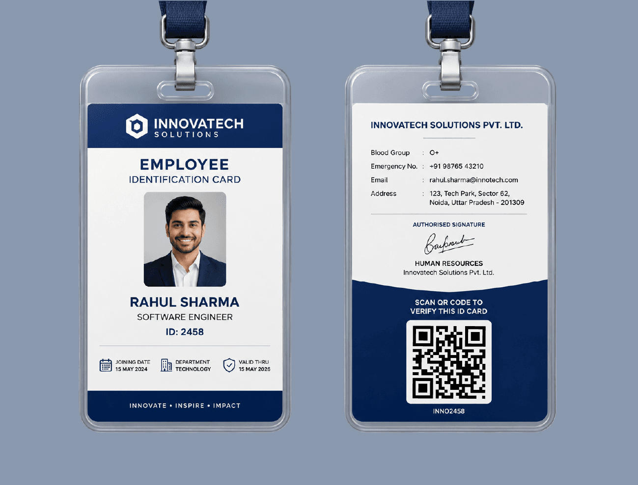 Front and back of an employee ID card with a verification QR code
