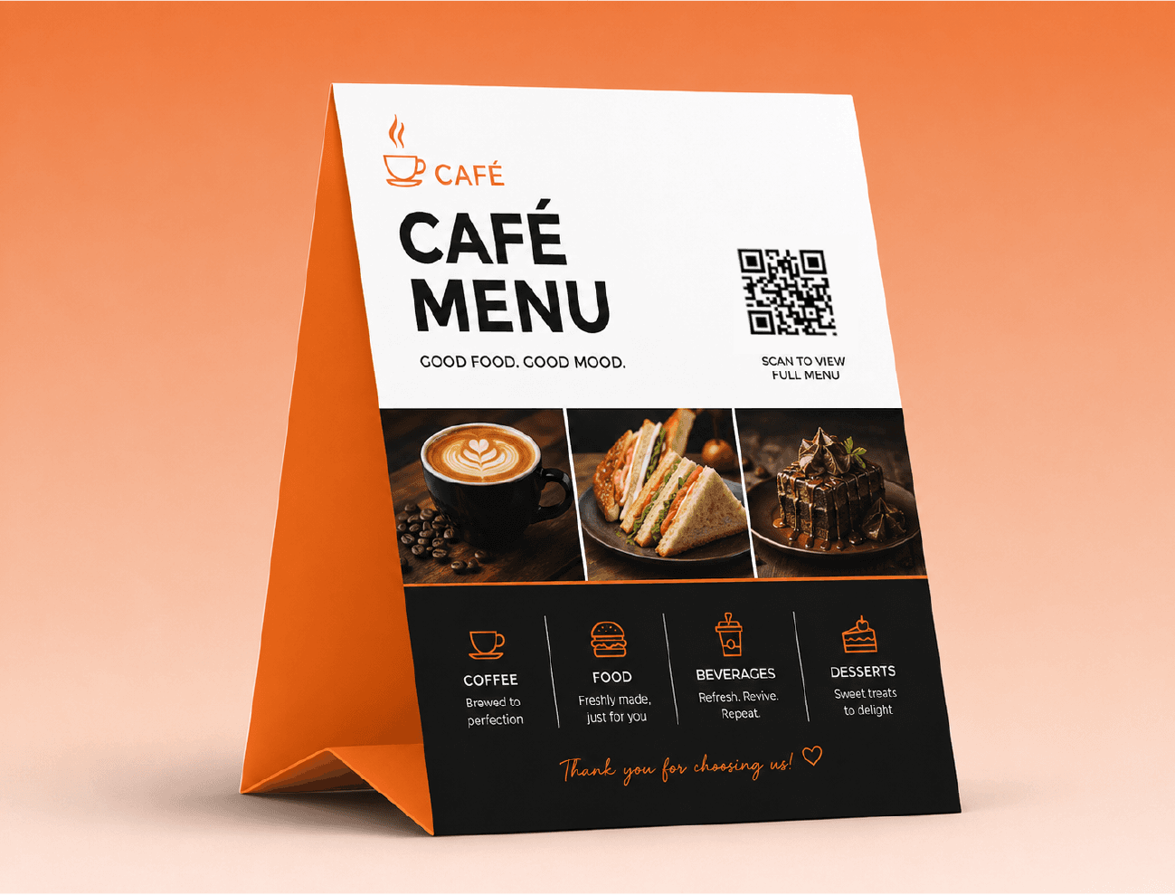 A cafe table tent showing a menu with a scan-to-view QR code