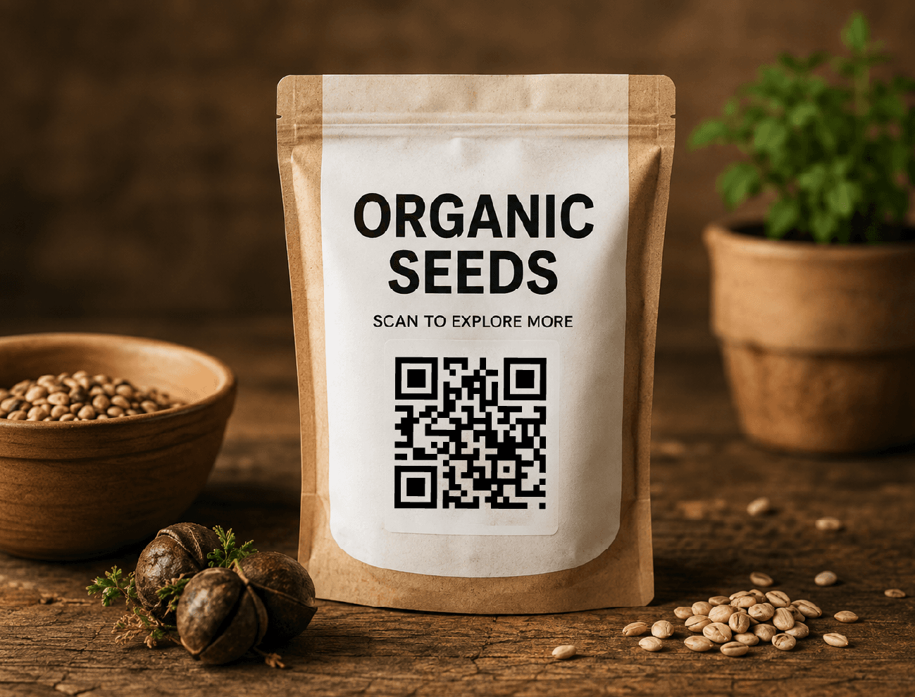A kraft pouch of organic seeds with a scan-to-explore QR code