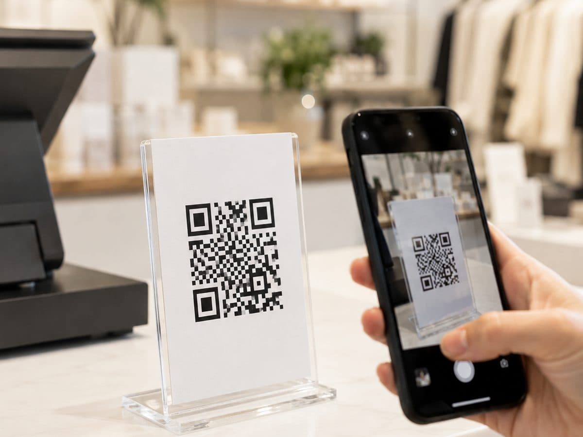 A shop counter stand holding a payment QR code, being scanned by a phone