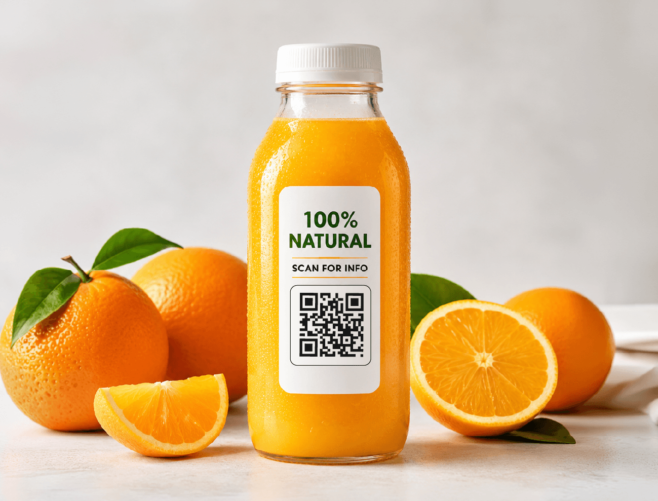 A juice bottle whose label carries a scan-for-info QR code