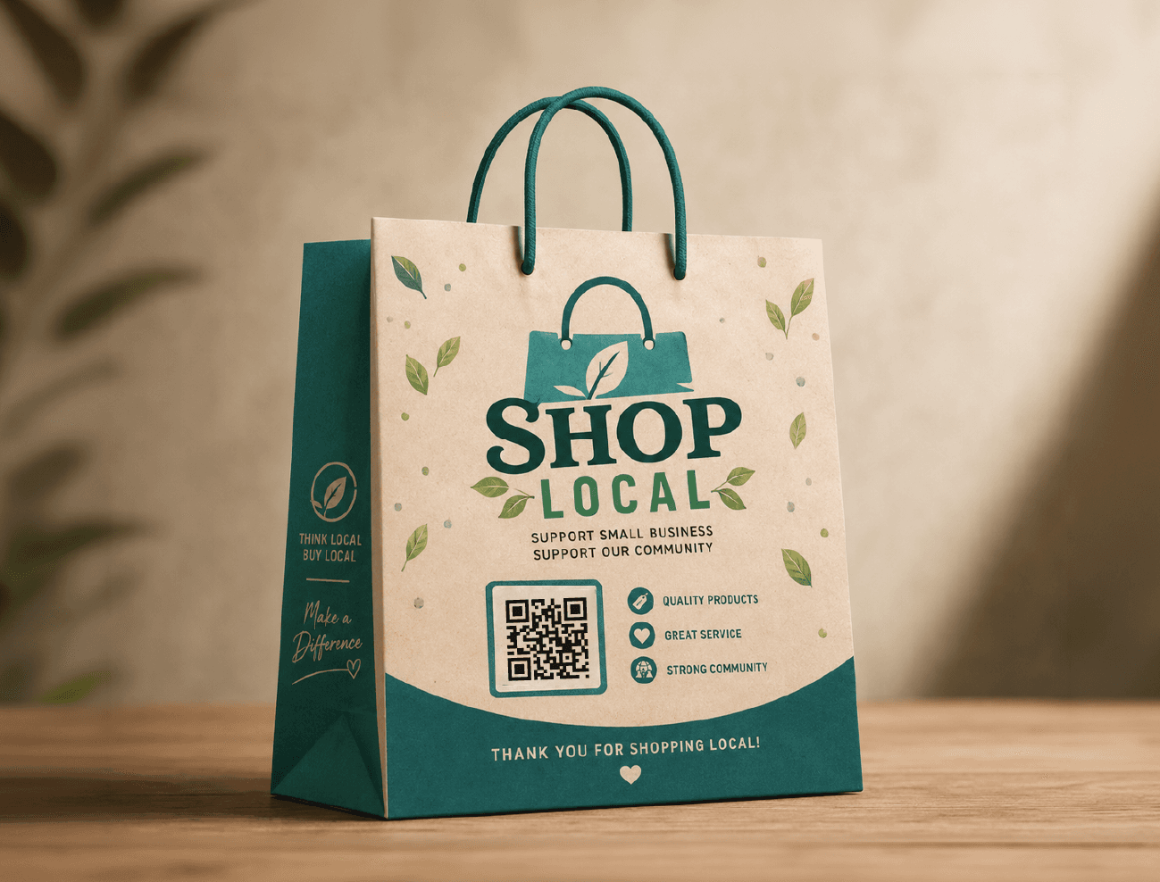 A printed shop-local paper bag with a QR code on the front