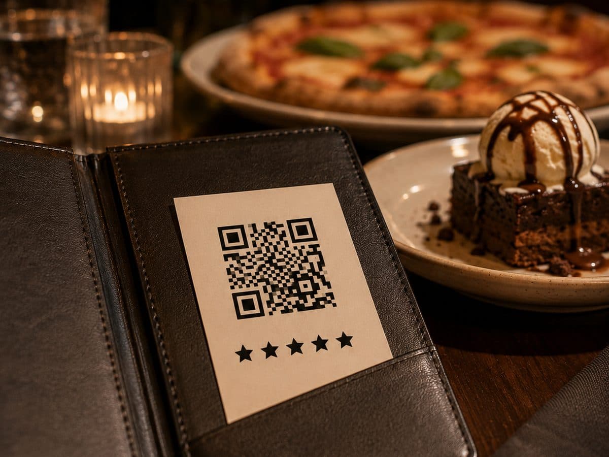 A restaurant bill folder holding a five-star review card with a QR code
