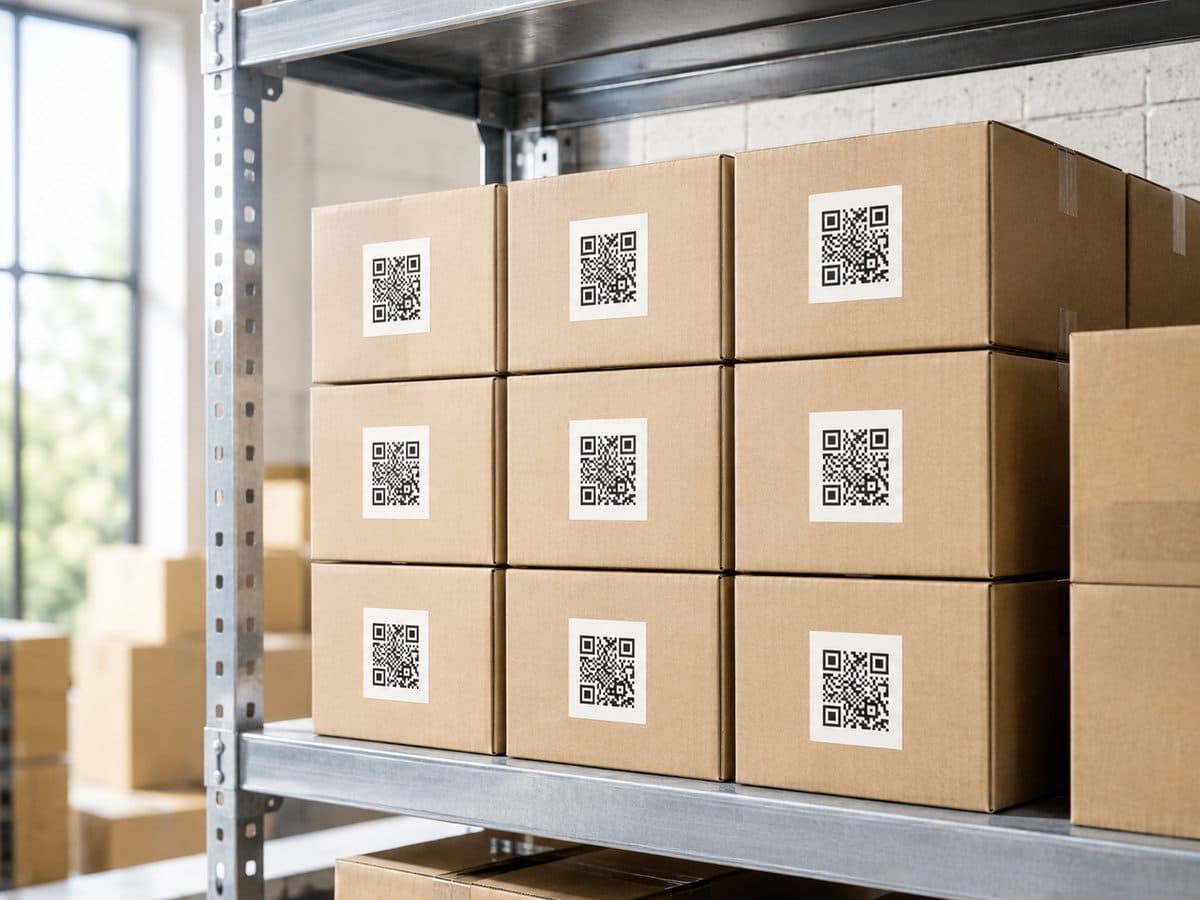 Cartons stacked on a warehouse rack, each with a QR label on its face