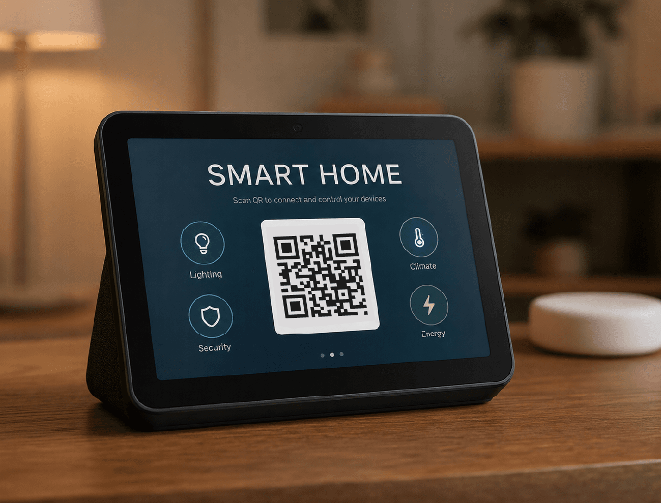 A smart home display showing a QR code to connect devices