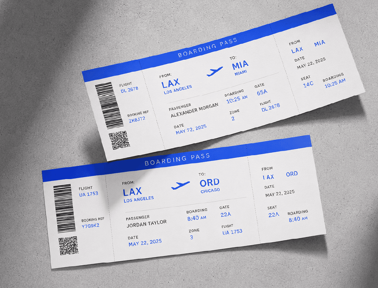 Two printed boarding passes, each carrying a QR code