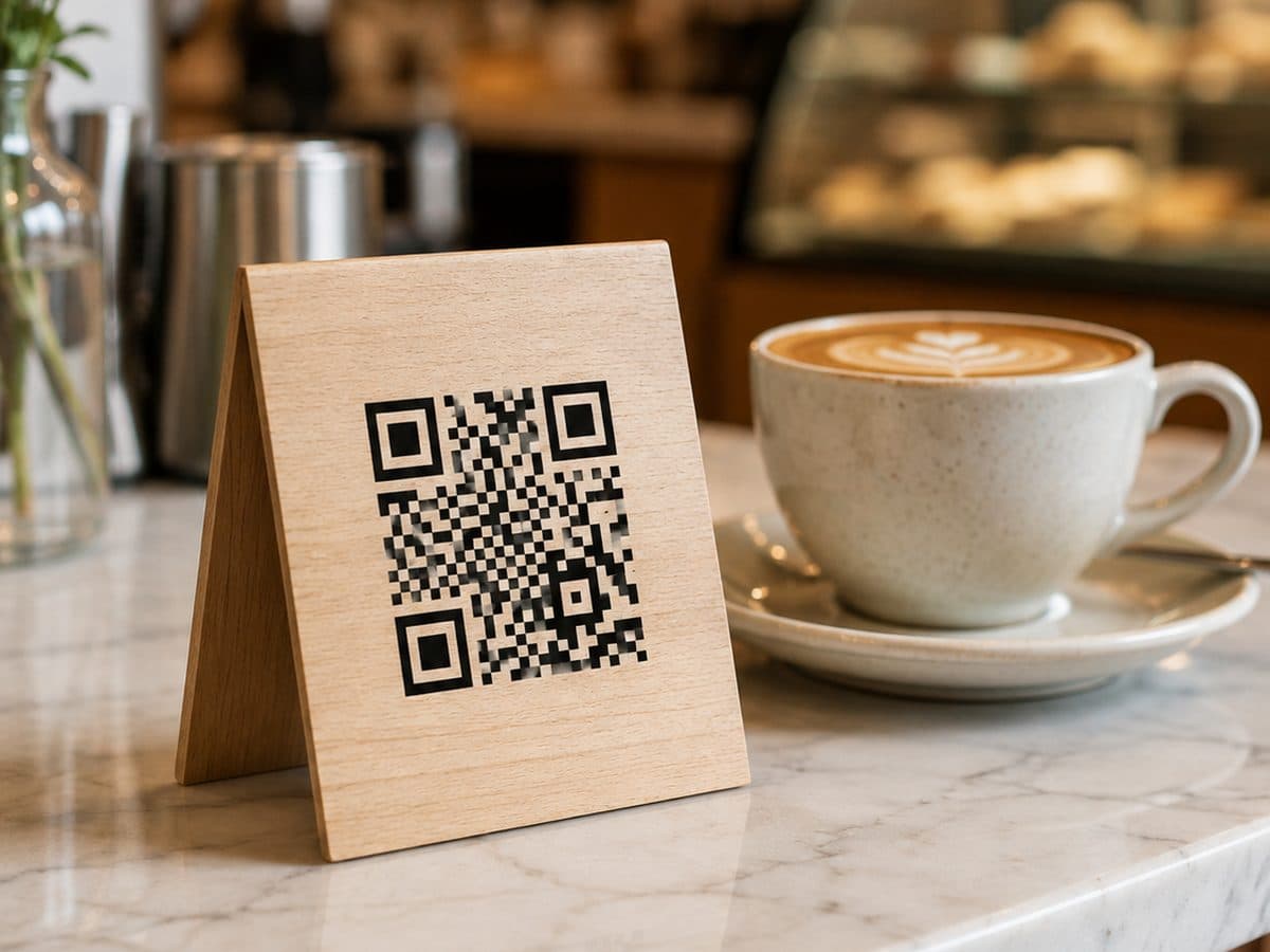 A wooden table tent in a cafe carrying a Wi-Fi QR code beside a coffee cup